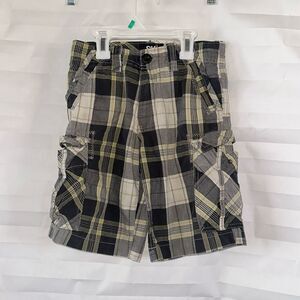 SK2 Apparel Boys Cargo Shorts Size 8 Black White Yellow Plaid Pockets
